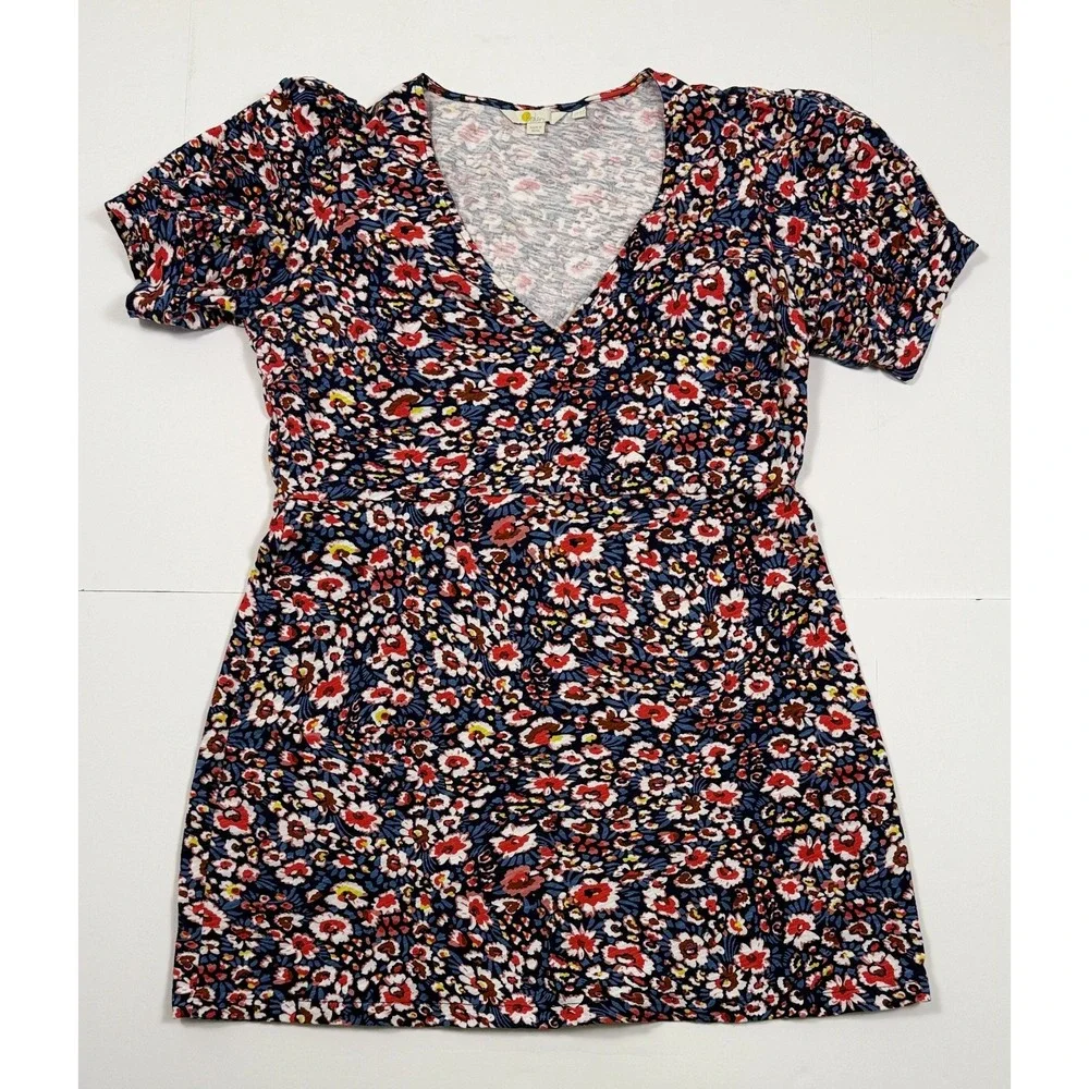 Boden Floral Cotton‎ Knit Dress Short Sleeve V-Neck Blue Red Size 12P